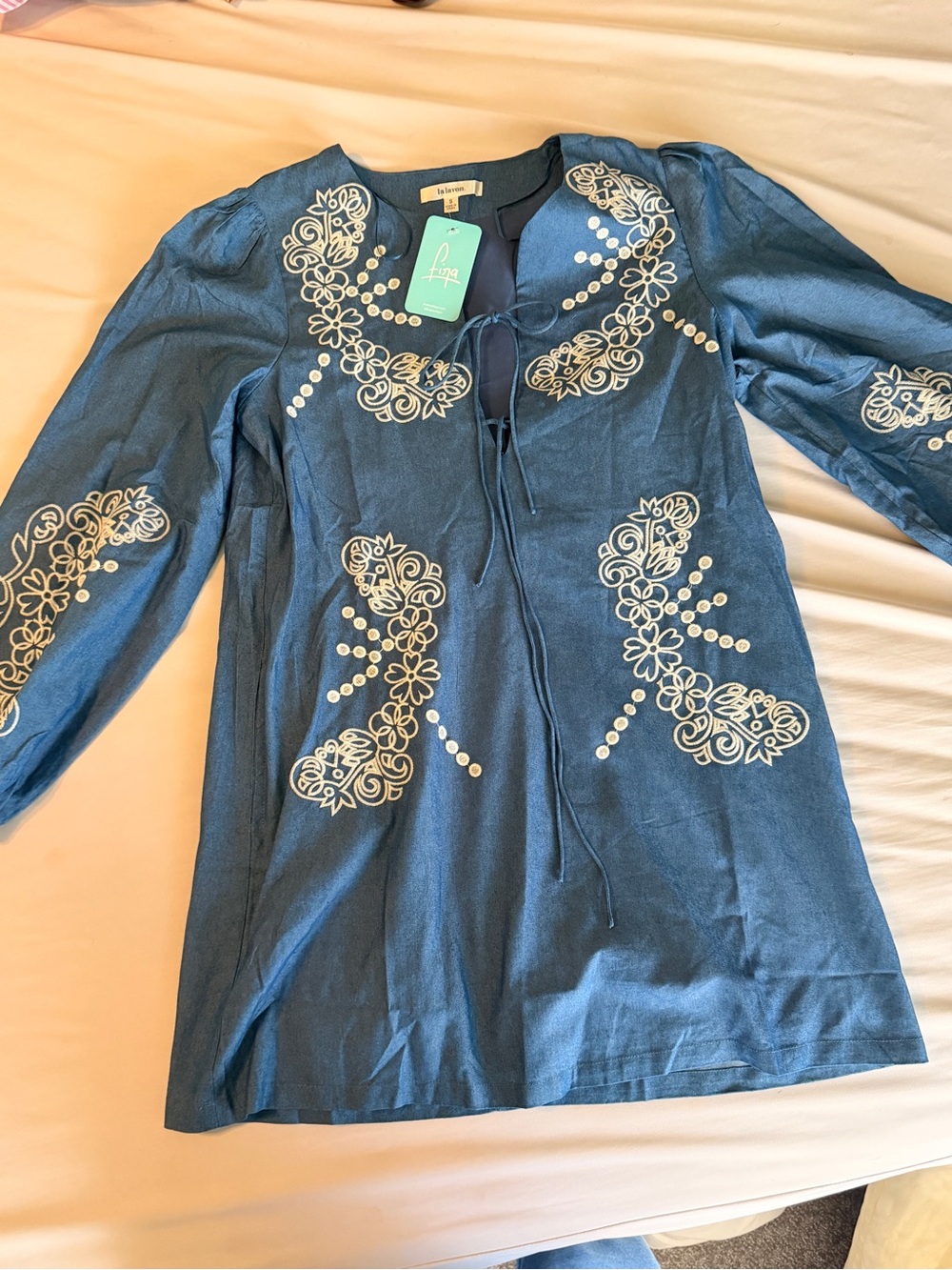 La Lavon Blue Embroidered Peasant Blouse